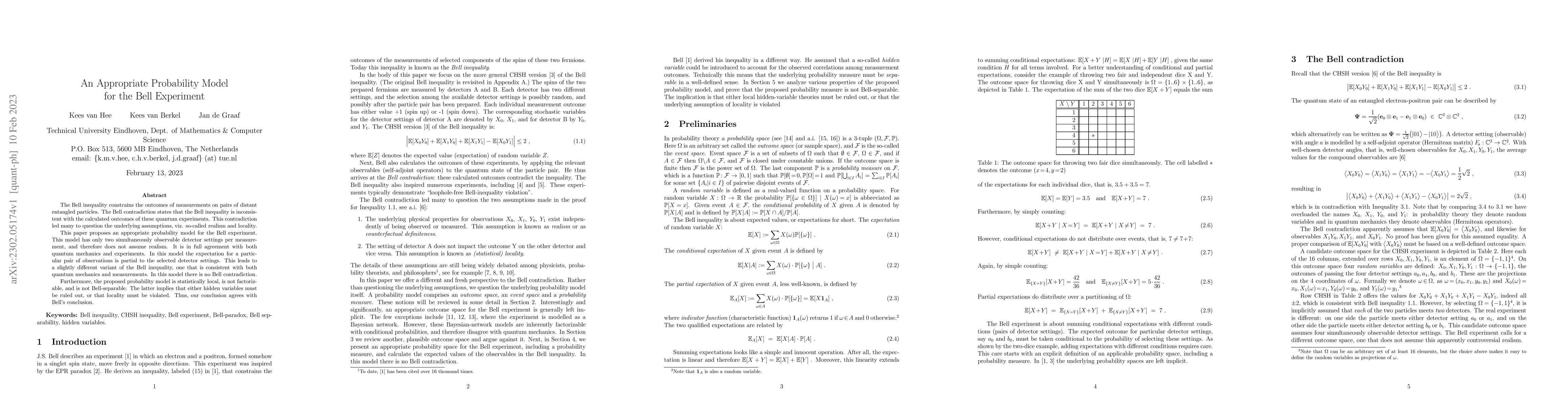 Thumbnail for An Appropriate Probability Model for the Bell Experiment