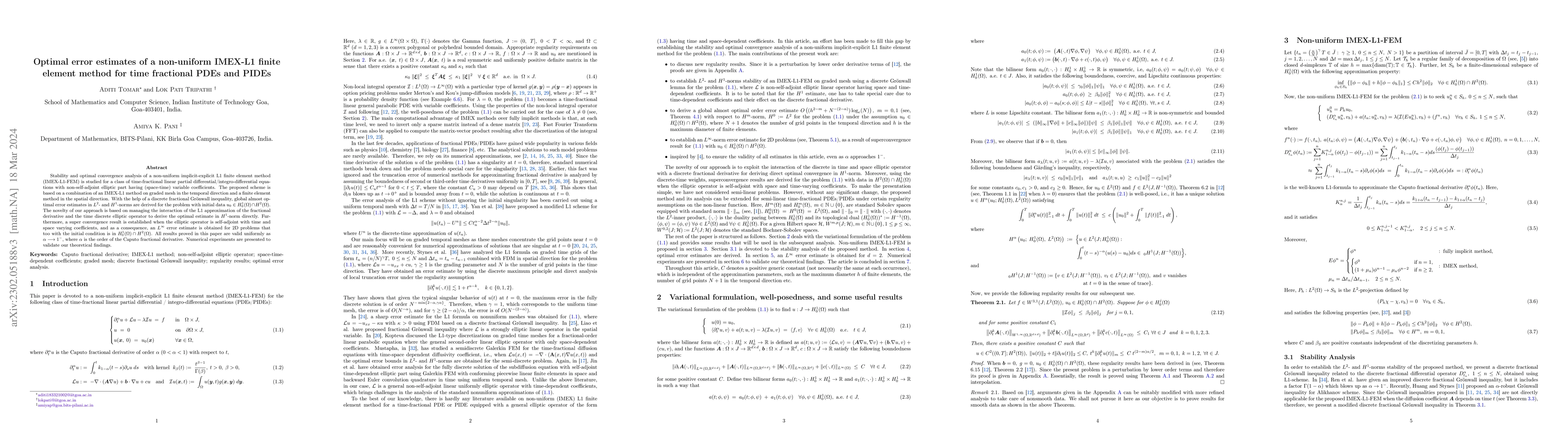 Thumbnail for Optimal error analysis of a non-uniform IMEX-L1 finite element method
  for time fractional PDEs and PIDEs
