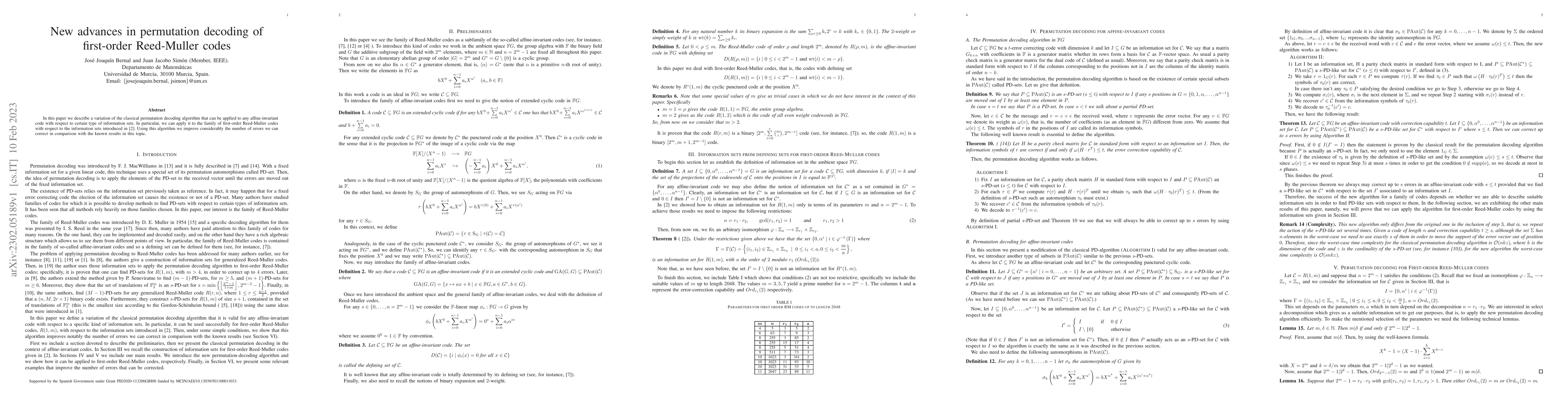 Thumbnail for New advances in permutation decoding of first-order Reed-Muller codes