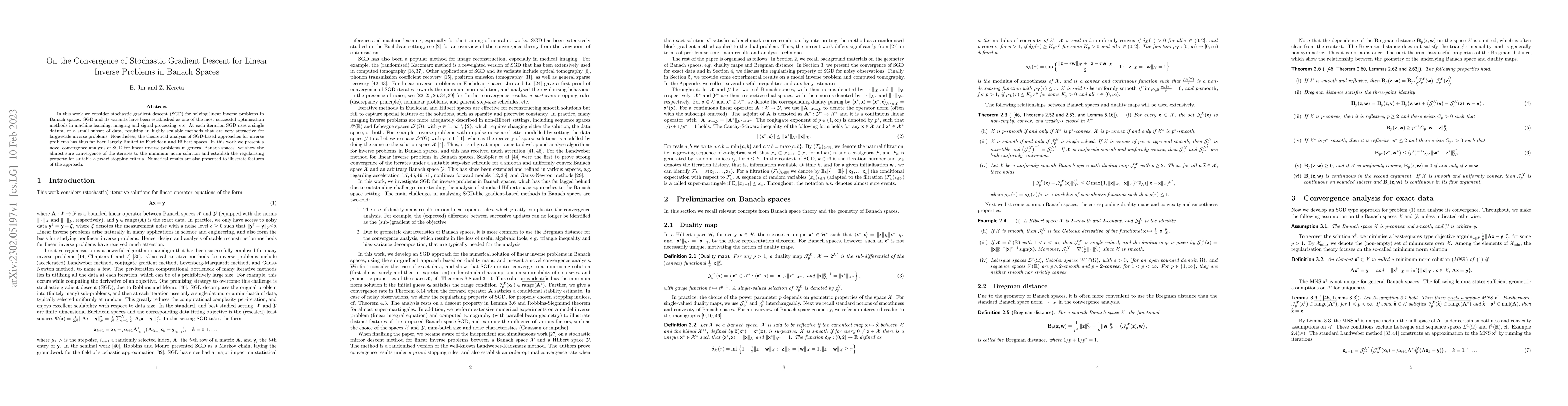 Thumbnail for On the Convergence of Stochastic Gradient Descent for Linear Inverse
  Problems in Banach Spaces
