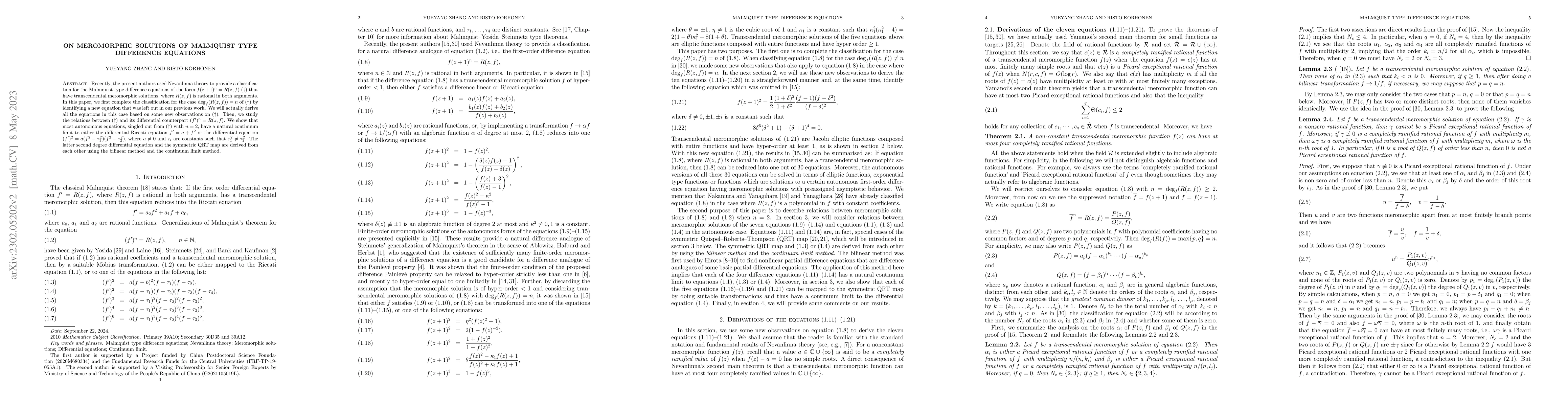 Thumbnail for On meromorphic solutions of Malmquist type difference equations
