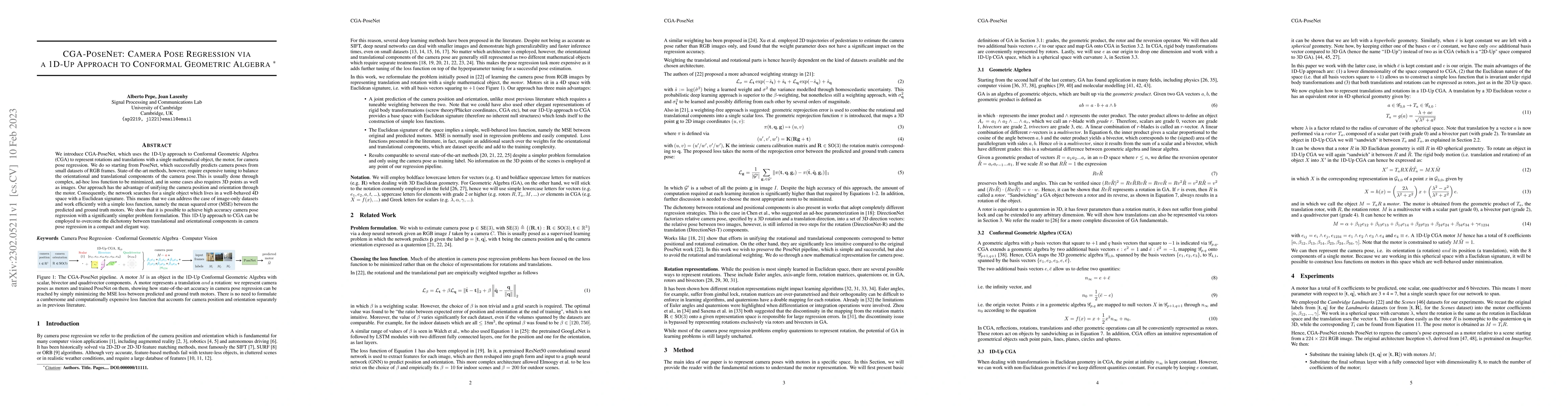 Thumbnail for CGA-PoseNet: Camera Pose Regression via a 1D-Up Approach to Conformal
  Geometric Algebra