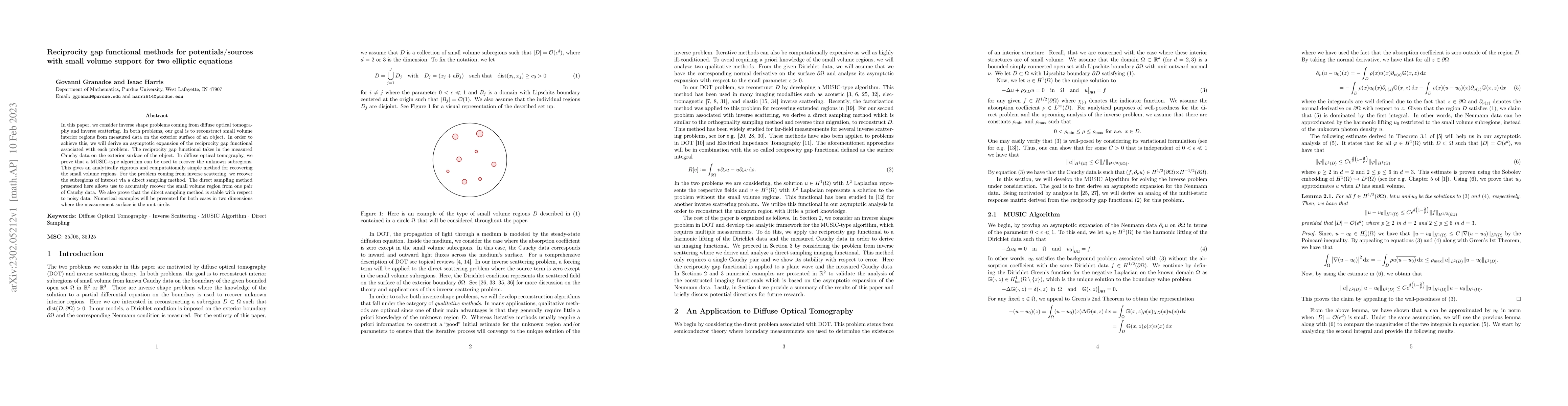 Thumbnail for Reciprocity gap functional methods for potentials/sources with small
  volume support for two elliptic equations