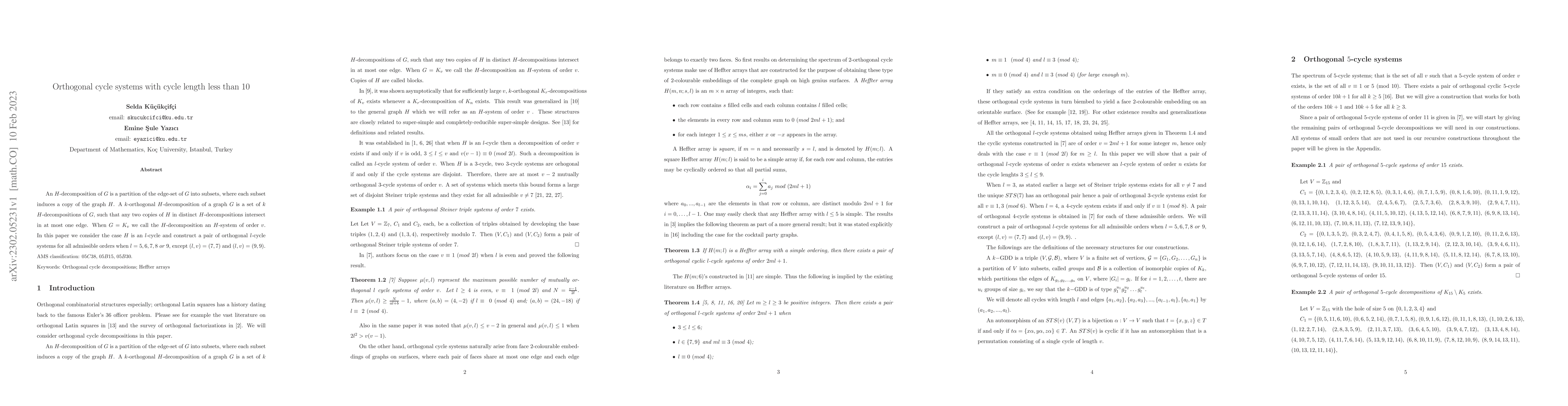 Thumbnail for Orthogonal cycle systems with cycle length less than 10