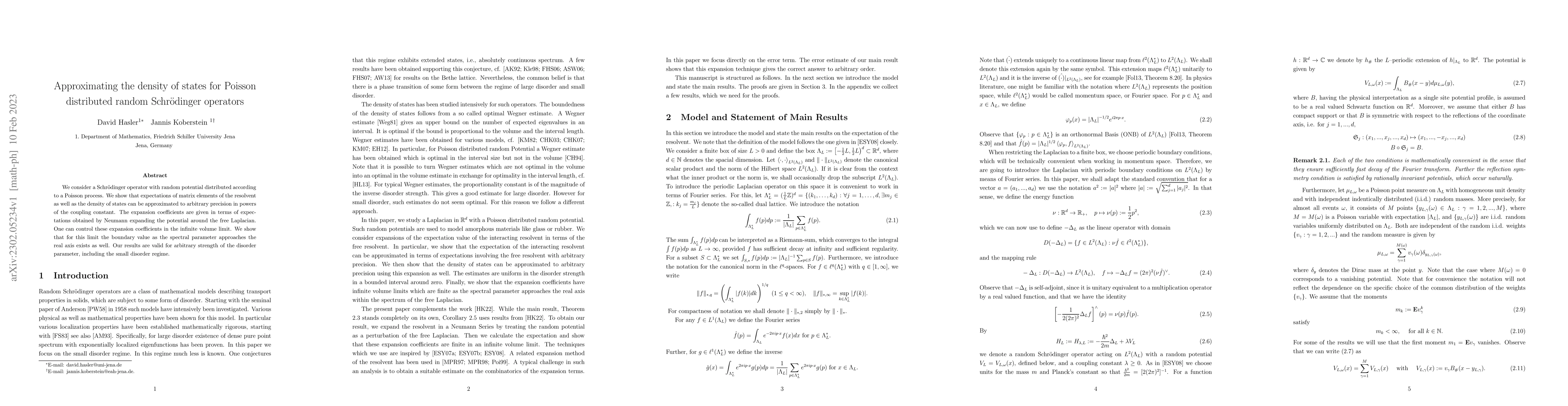 Thumbnail for Approximating the density of states for Poisson distributed random
  Schroedinger operators