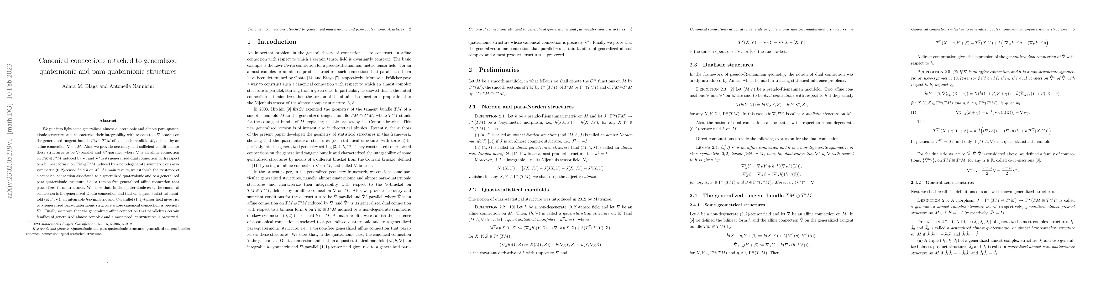 Thumbnail for Canonical connections attached to generalized quaternionic and
  para-quaternionic structures