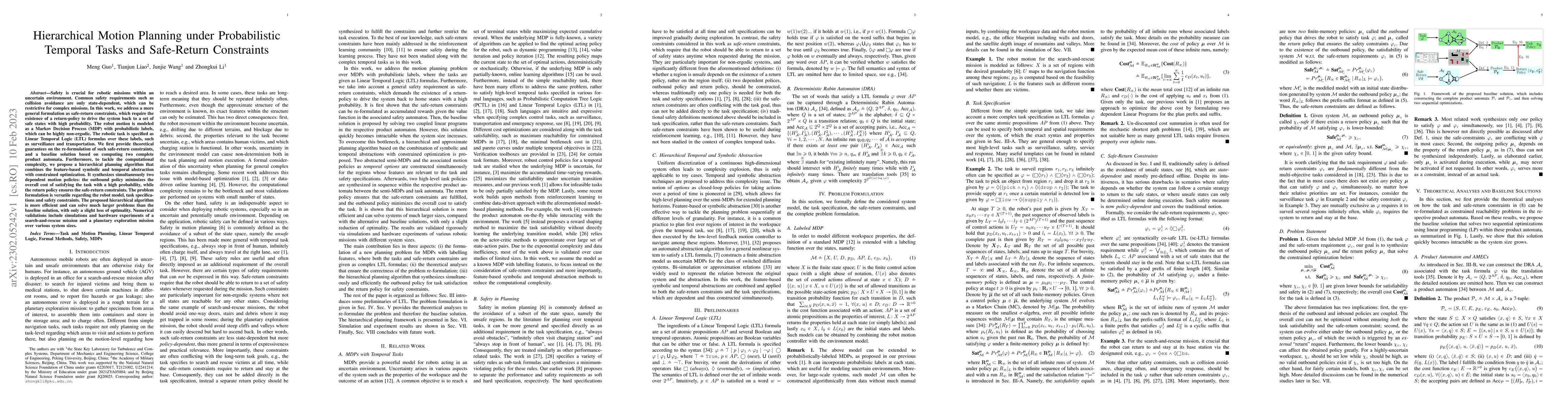 Thumbnail for Hierarchical Motion Planning under Probabilistic Temporal Tasks and
  Safe-Return Constraints