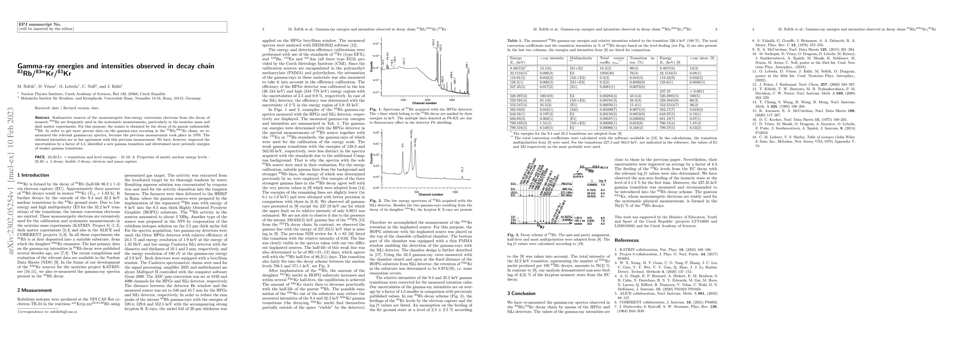 Thumbnail for Gamma-ray energies and intensities observed in decay chain
  $^{83}Rb$/$^{83m}Kr$/$^{83}Kr$