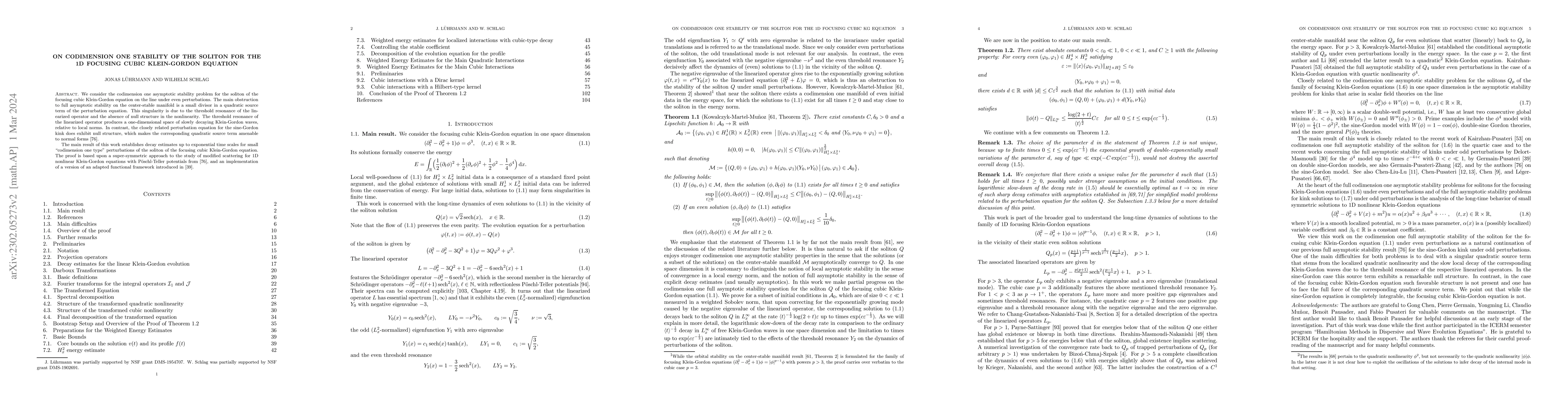 Thumbnail for On codimension one stability of the soliton for the 1D focusing cubic
  Klein-Gordon equation