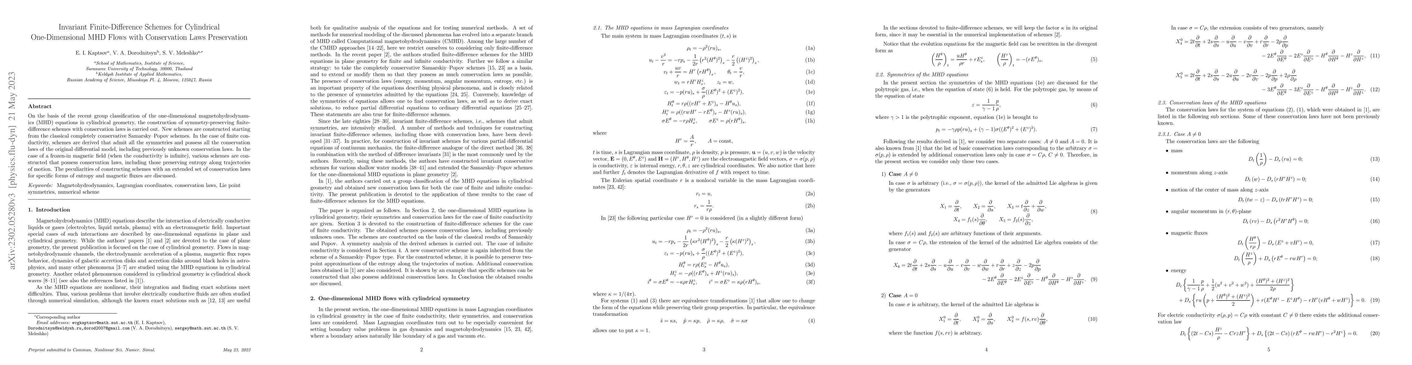 Thumbnail for Invariant Finite-Difference Schemes for Cylindrical One-Dimensional MHD
  Flows with Conservation Laws Preservation