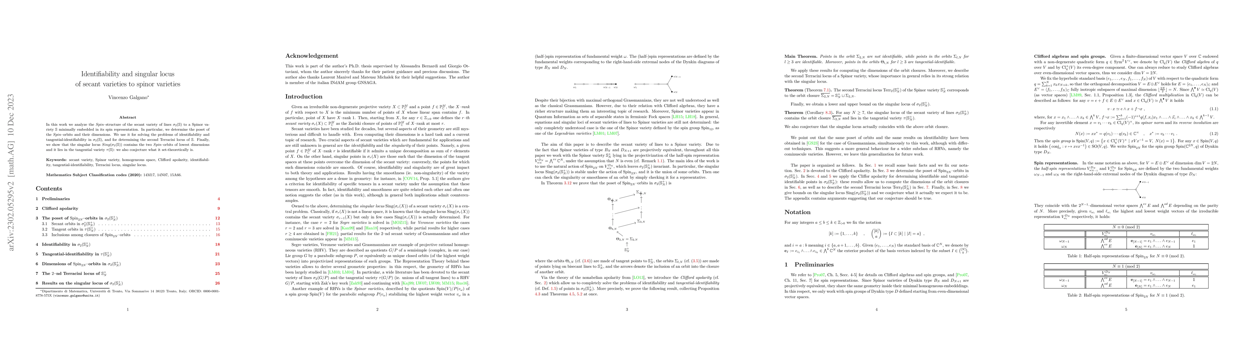 Thumbnail for Identifiability and singular locus of secant varieties to spinor
  varieties