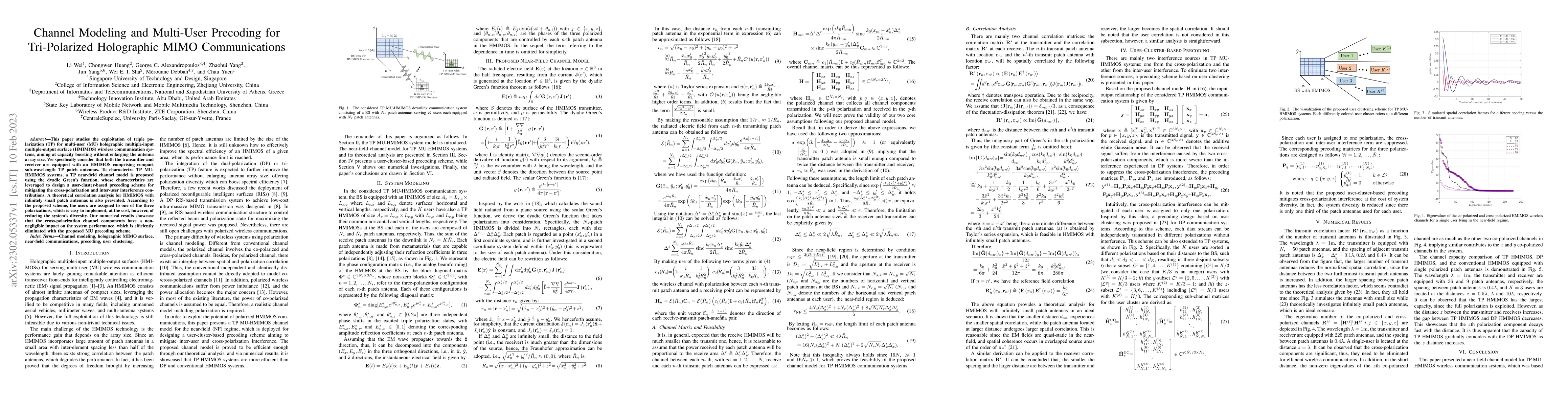 Thumbnail for Channel Modeling and Multi-User Precoding for Tri-Polarized Holographic
  MIMO Communications
