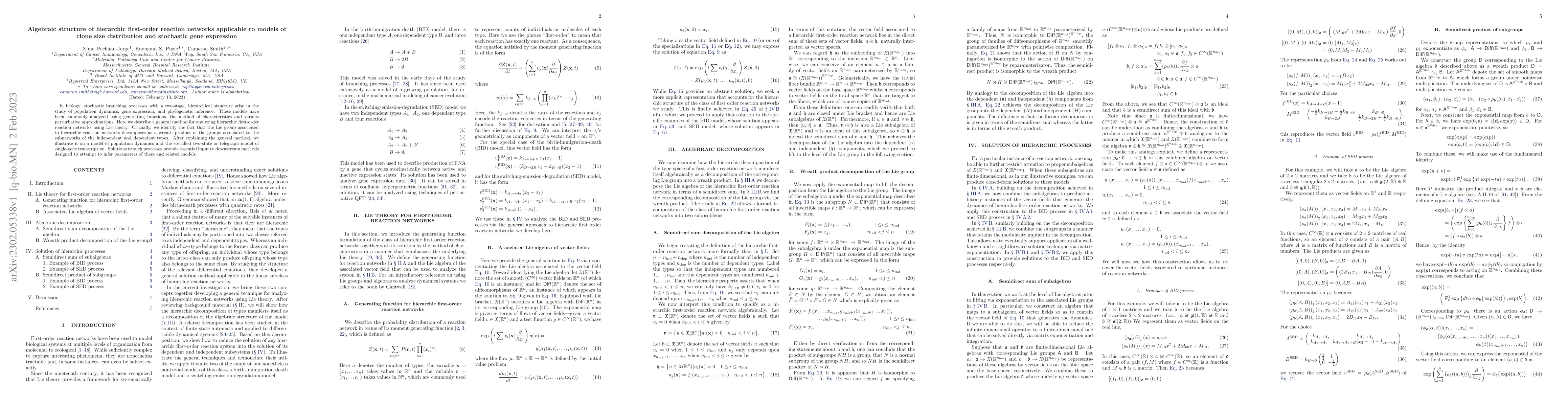 Thumbnail for Algebraic structure of hierarchic first-order reaction networks
  applicable to models of clone size distribution and stochastic gene
  expression
