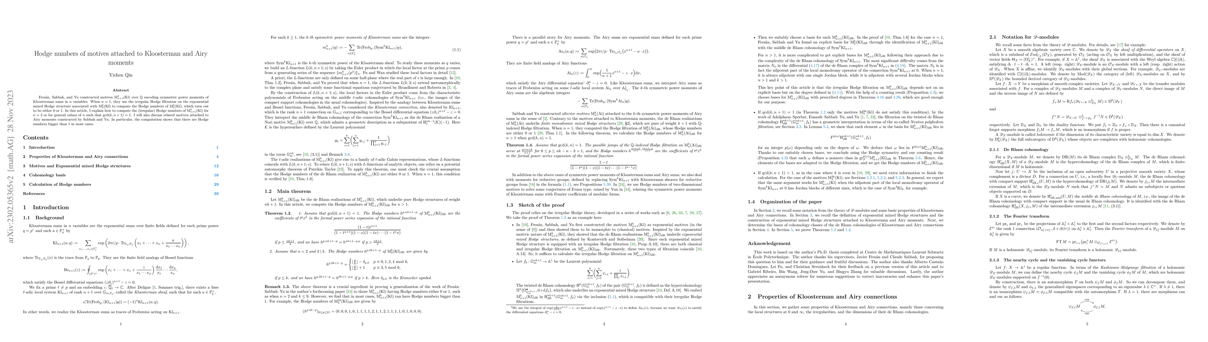 Thumbnail for Hodge numbers of motives attached to Kloosterman and Airy moments