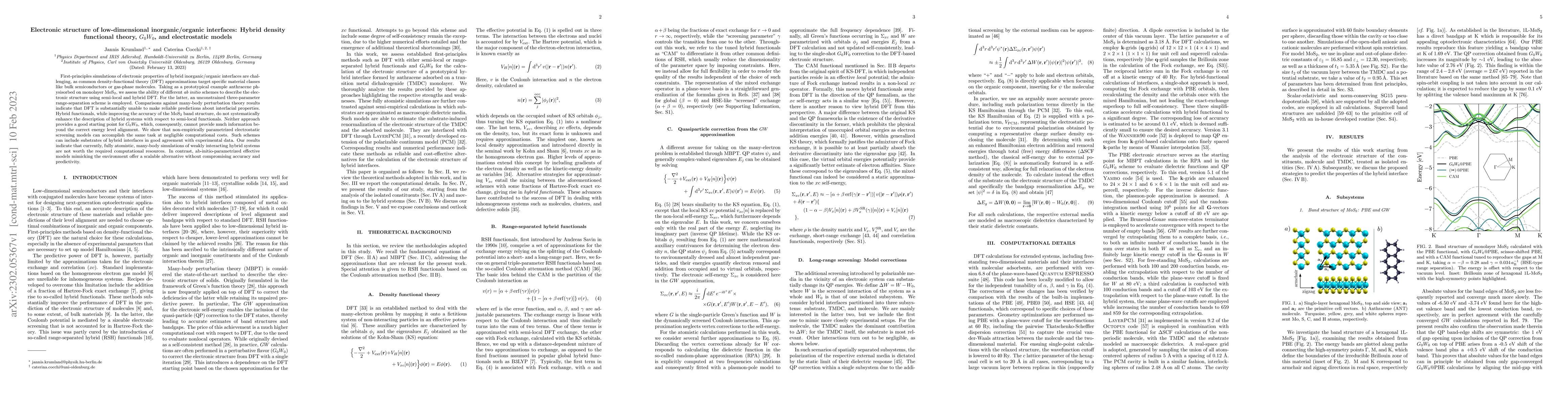 Thumbnail for Electronic structure of low-dimensional inorganic/organic interfaces:
  Hybrid density functional theory, $G_0W_0$, and electrostatic models