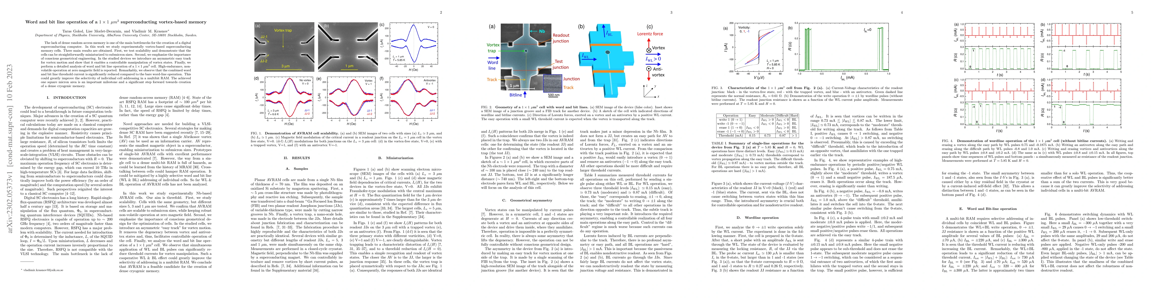 Thumbnail for Word and bit line operation of a 1x1 {\mu}m2 superconducting
  vortex-based memory