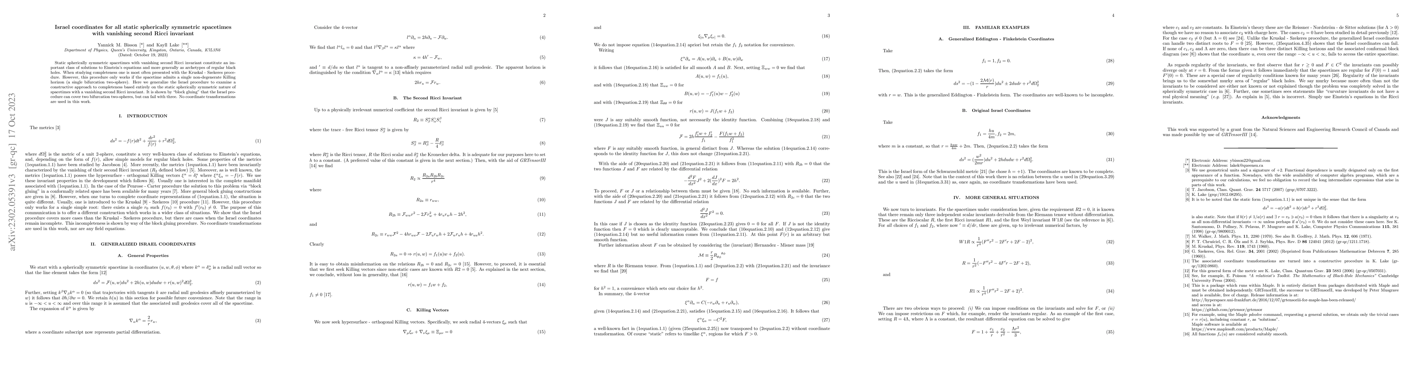 Thumbnail for Israel coordinates for all static spherically symmetric spacetimes with
  vanishing second Ricci invariant