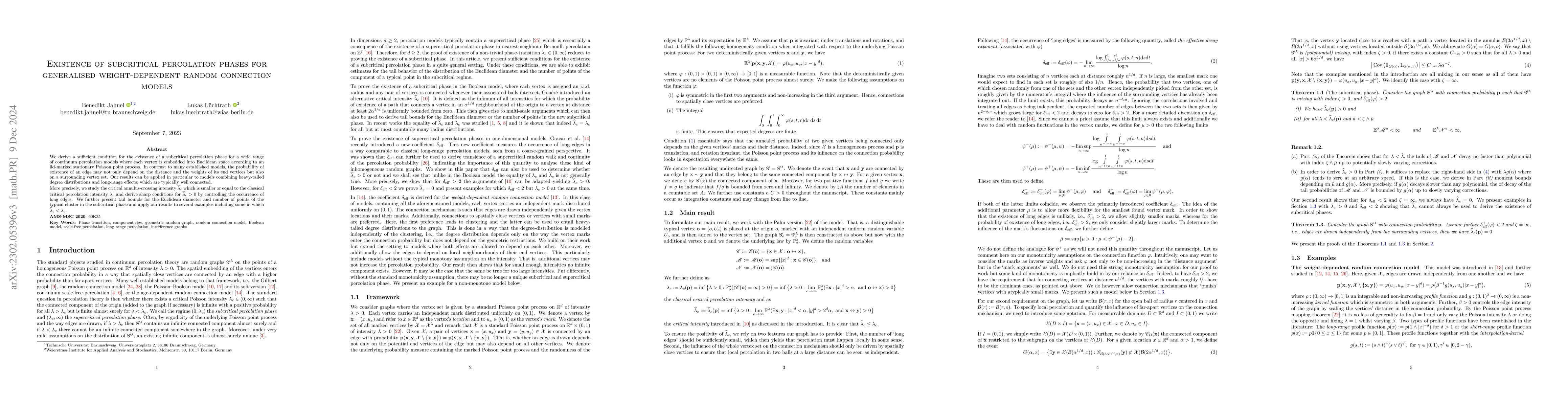 Thumbnail for Existence of subcritical percolation phases for generalised
  weight-dependent random connection models