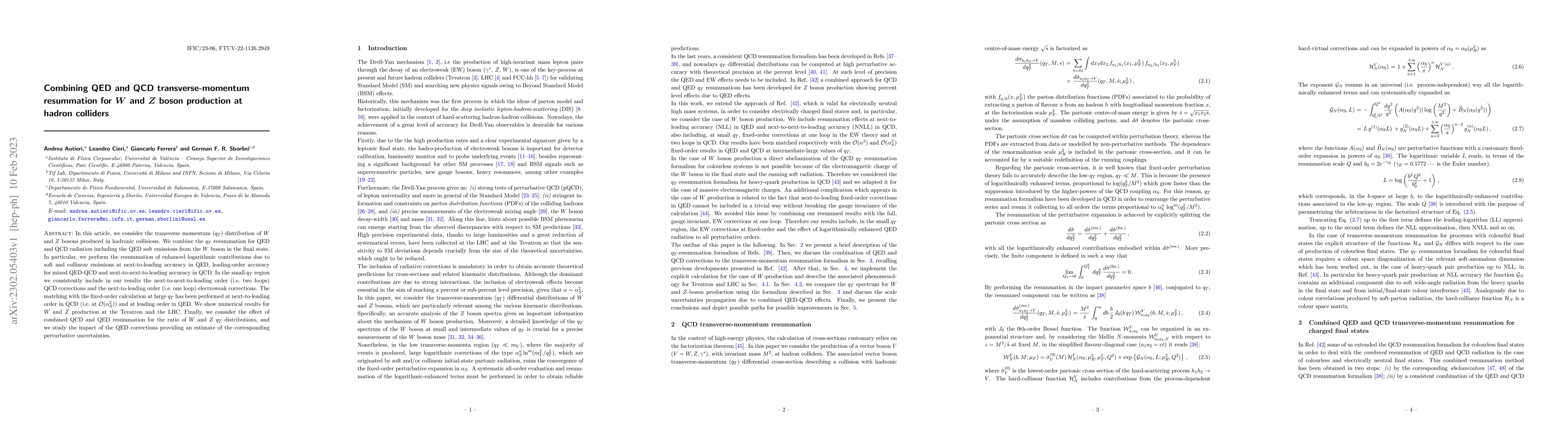 Thumbnail for Combining QED and QCD transverse-momentum resummation for W and Z boson
  production at hadron colliders