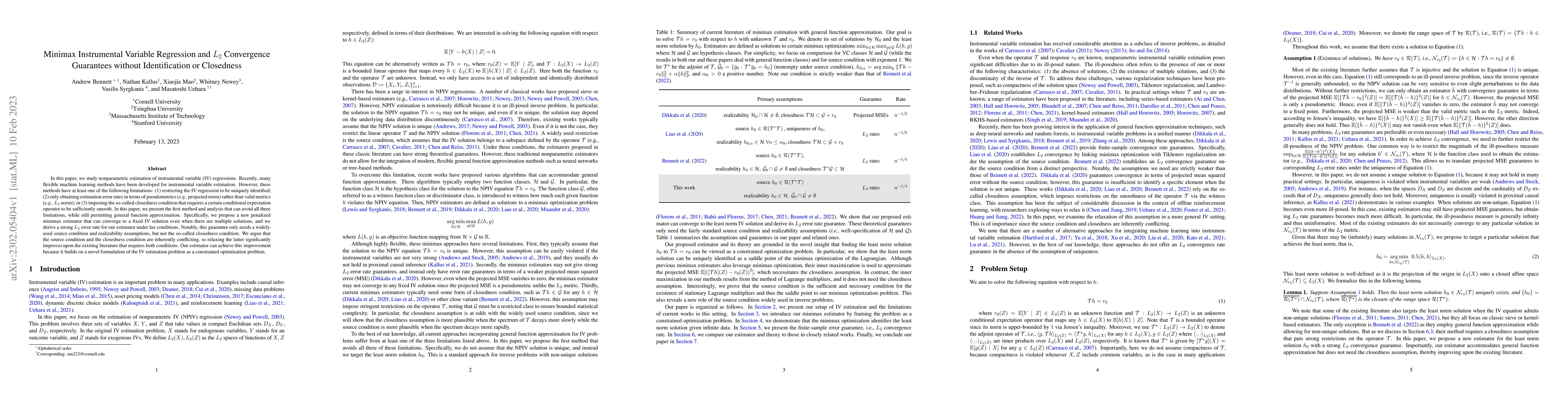 Thumbnail for Minimax Instrumental Variable Regression and $L_2$ Convergence
  Guarantees without Identification or Closedness