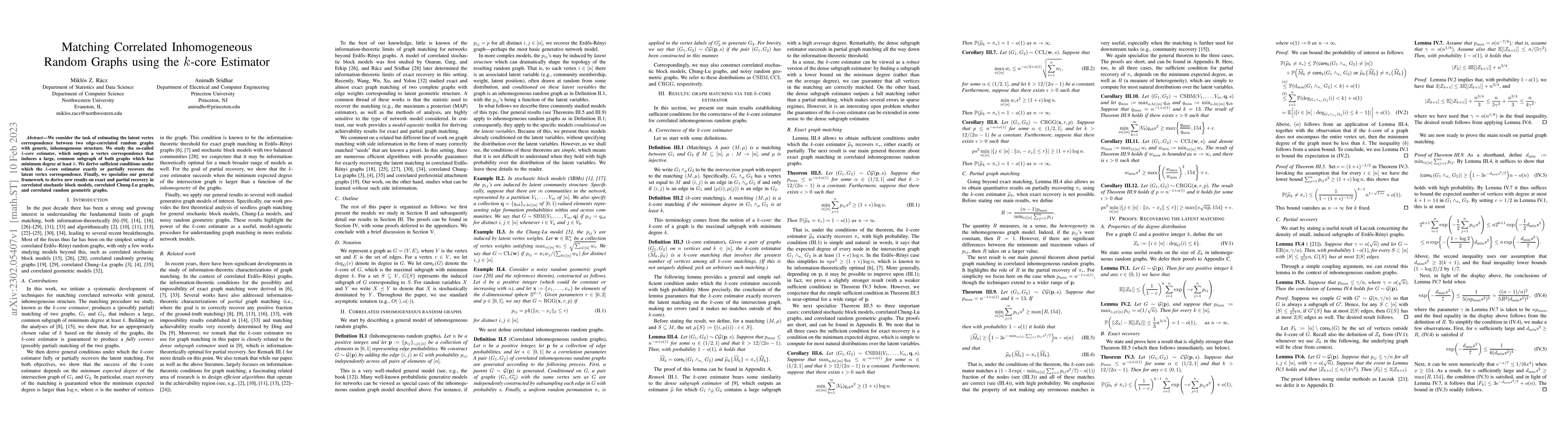 Thumbnail for Matching Correlated Inhomogeneous Random Graphs using the $k$-core
  Estimator