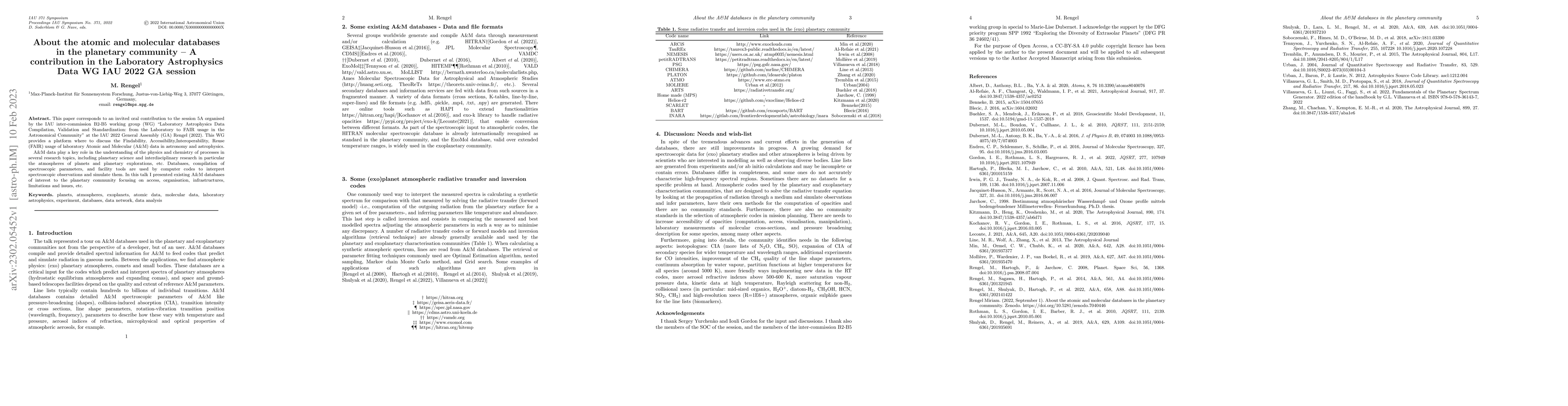Thumbnail for About the atomic and molecular databases in the planetary community -- A
  contribution in the Laboratory Astrophysics Data WG IAU 2022 GA session