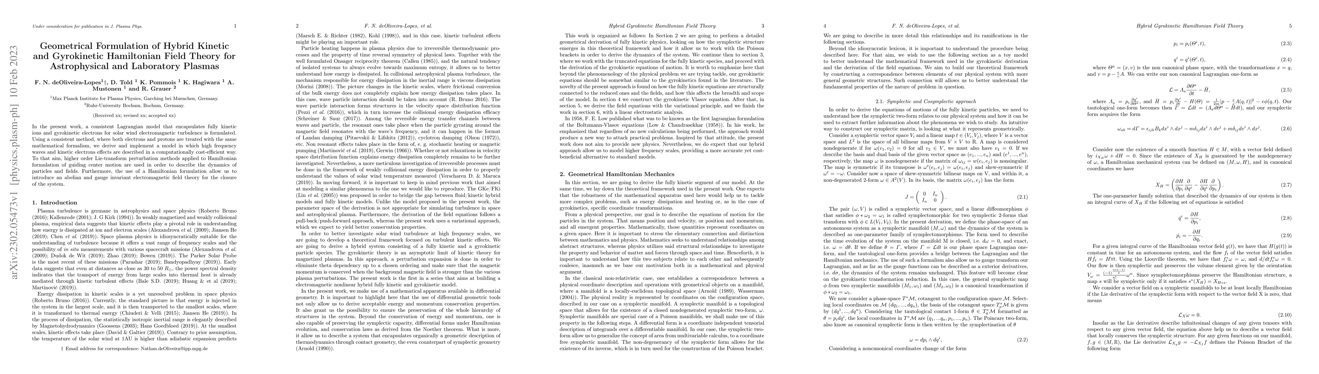 Thumbnail for Geometrical Formulation of Hybrid Kinetic and Gyrokinetic Hamiltonian
  Field Theory for Astrophysical and Laboratory Plasmas