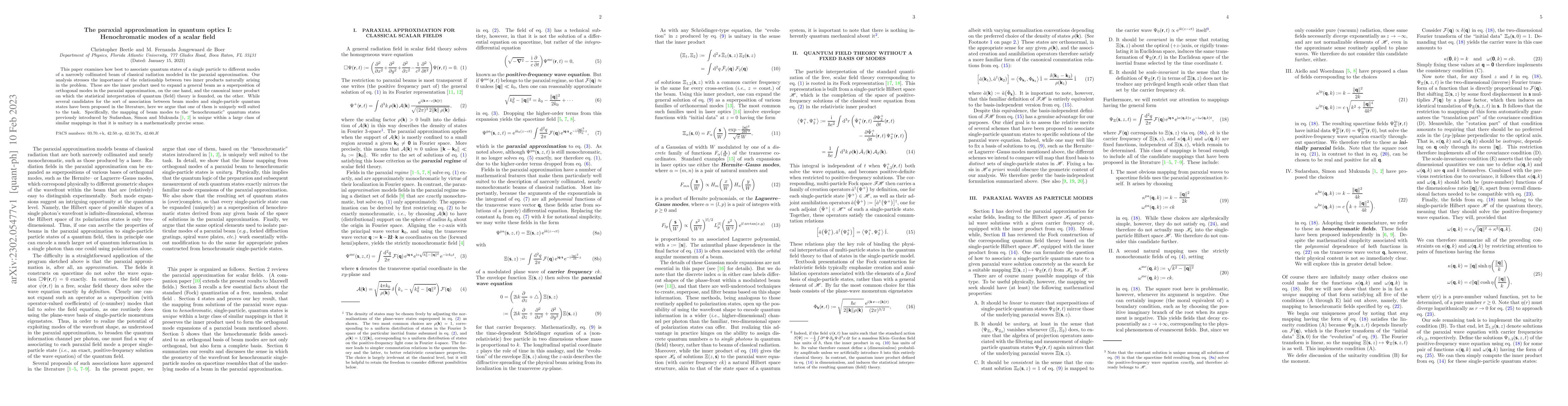 Thumbnail for The paraxial approximation in quantum optics I: Henochromatic modes of a
  scalar field