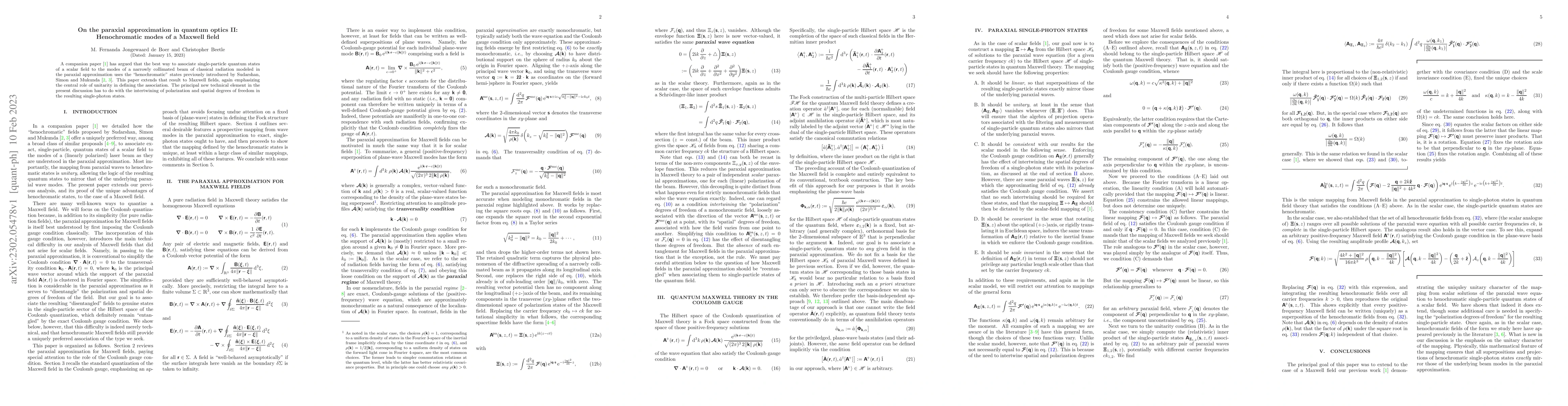 Thumbnail for On the paraxial approximation in quantum optics II: Henochromatic modes
  of a Maxwell field