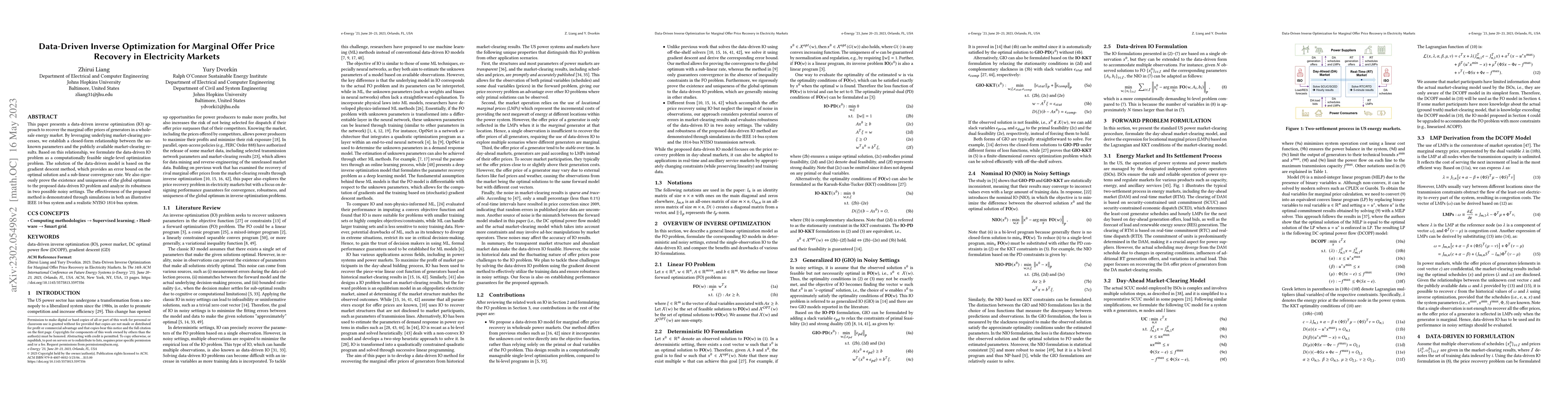 Thumbnail for Data-Driven Inverse Optimization for Marginal Offer Price Recovery in
  Electricity Markets