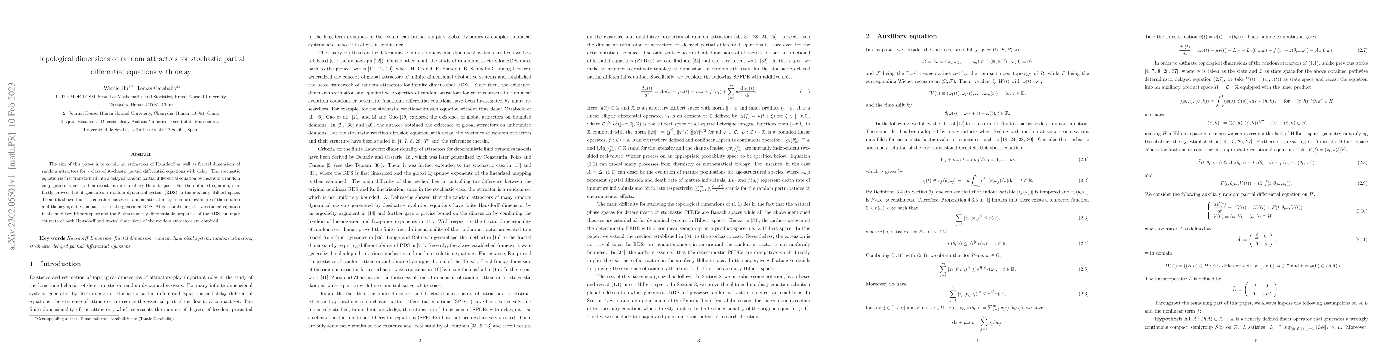 Thumbnail for Topological dimensions of random attractors for stochastic partial
  differential equations with delay