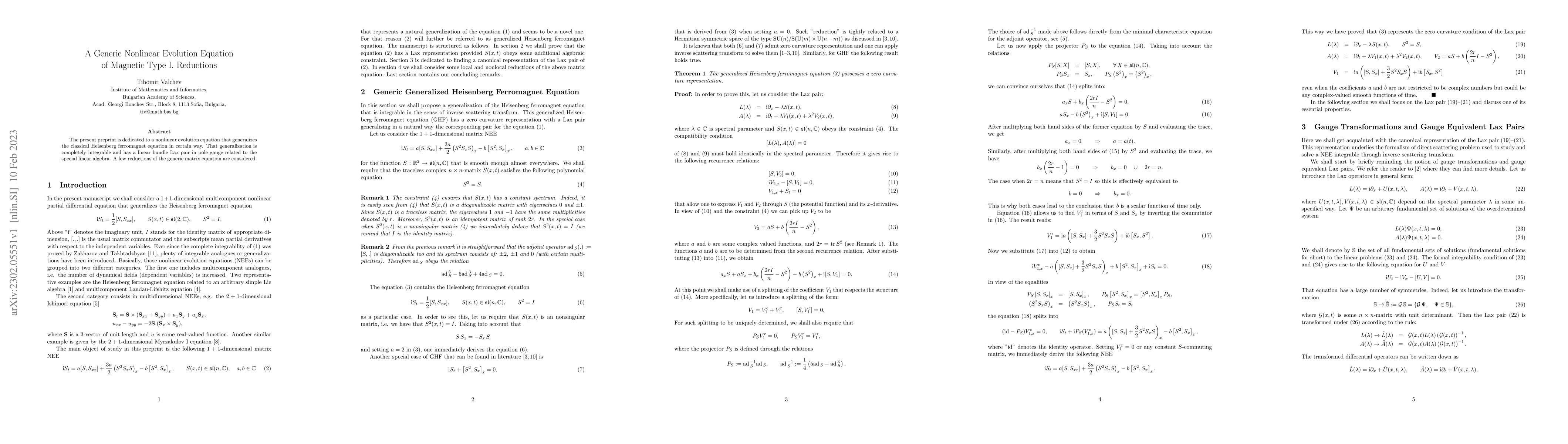 Thumbnail for A Generic Nonlinear Evolution Equation of Magnetic Type I. Reductions