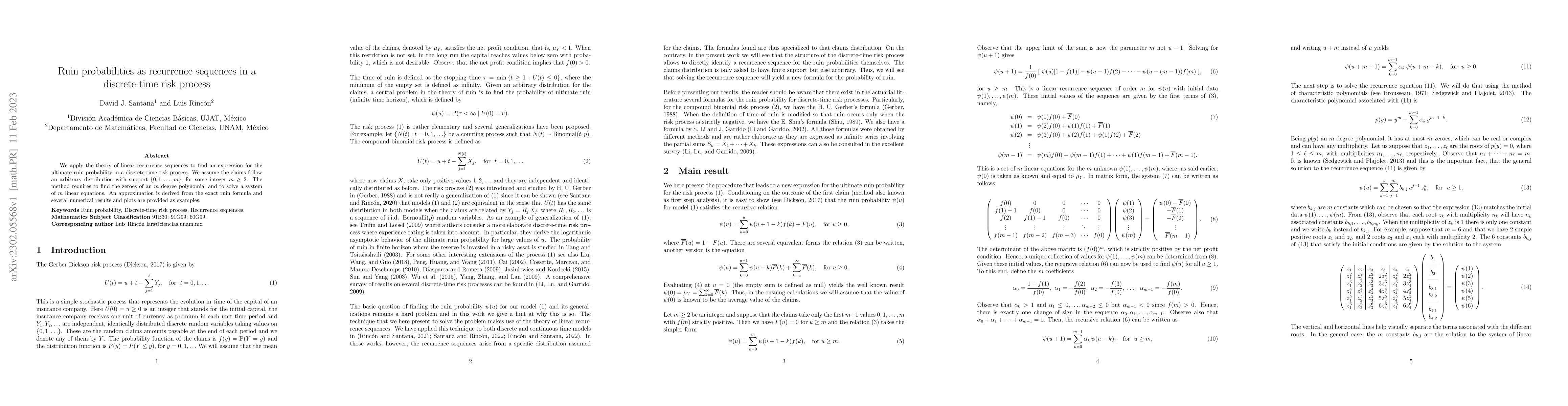 Thumbnail for Ruin probabilities as recurrence sequences in a discrete-time risk
  process