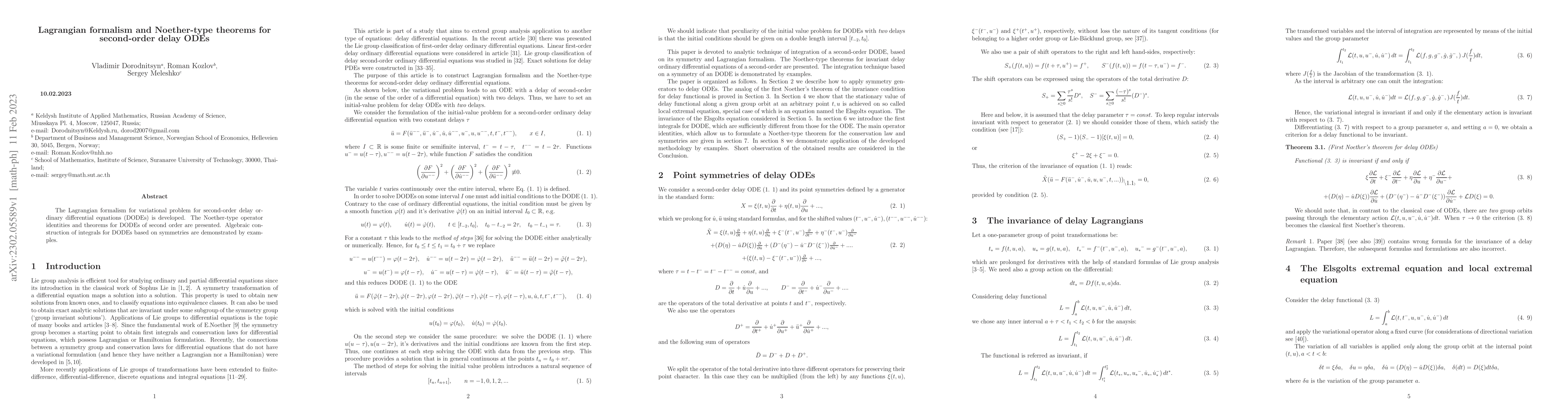 Thumbnail for Lagrangian formalism and Noether-type theorems for second-order delay
  ODEs