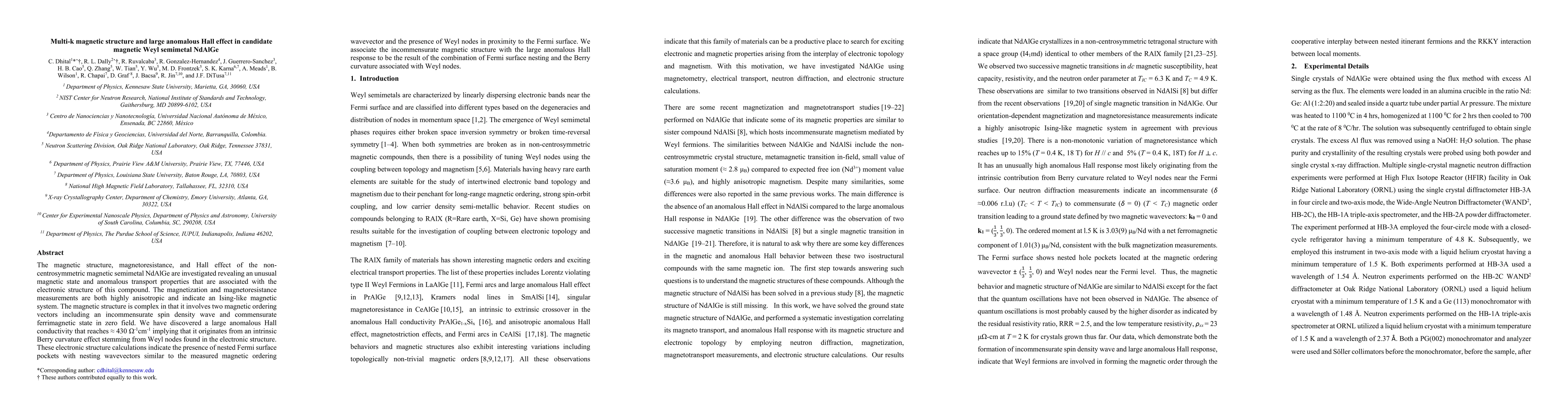 Thumbnail for Multi-k magnetic structure and large anomalous Hall effect in candidate
  magnetic Weyl semimetal NdAlGe