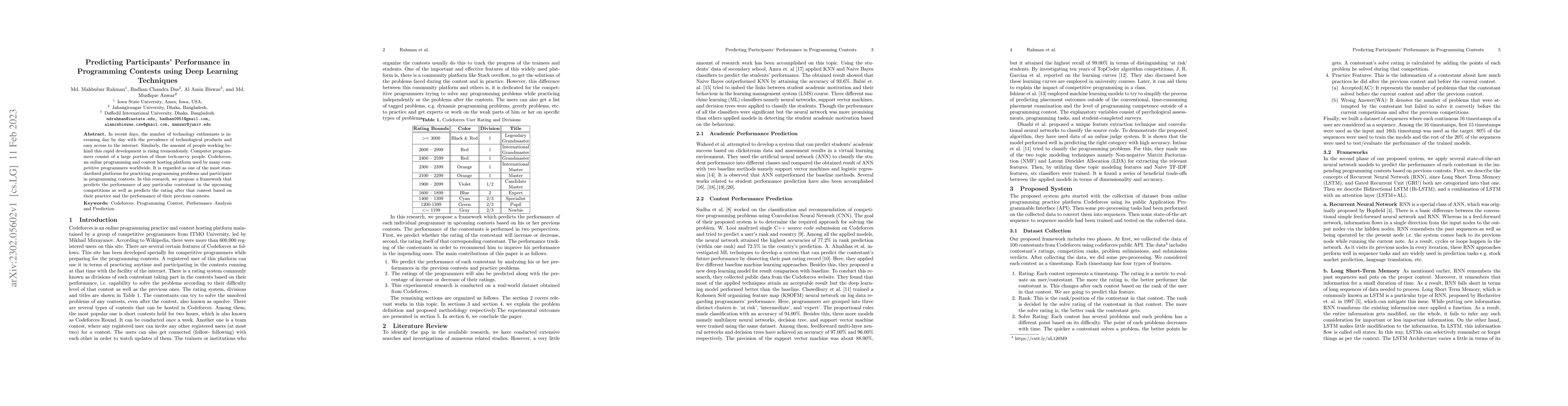Thumbnail for Predicting Participants' Performance in Programming Contests using Deep
  Learning Techniques