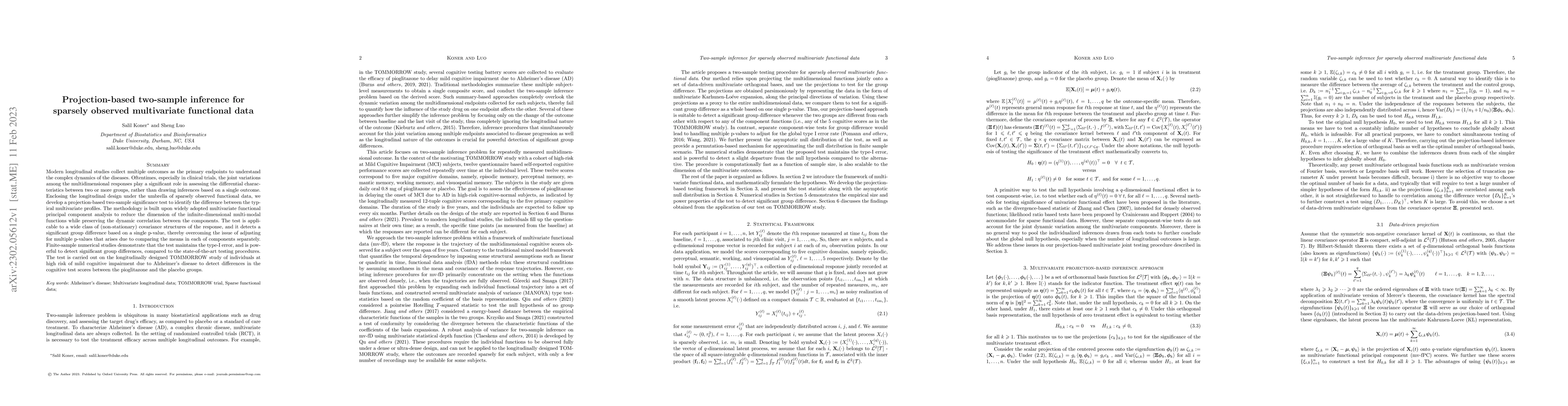 Thumbnail for Projection-based two-sample inference for sparsely observed multivariate
  functional data