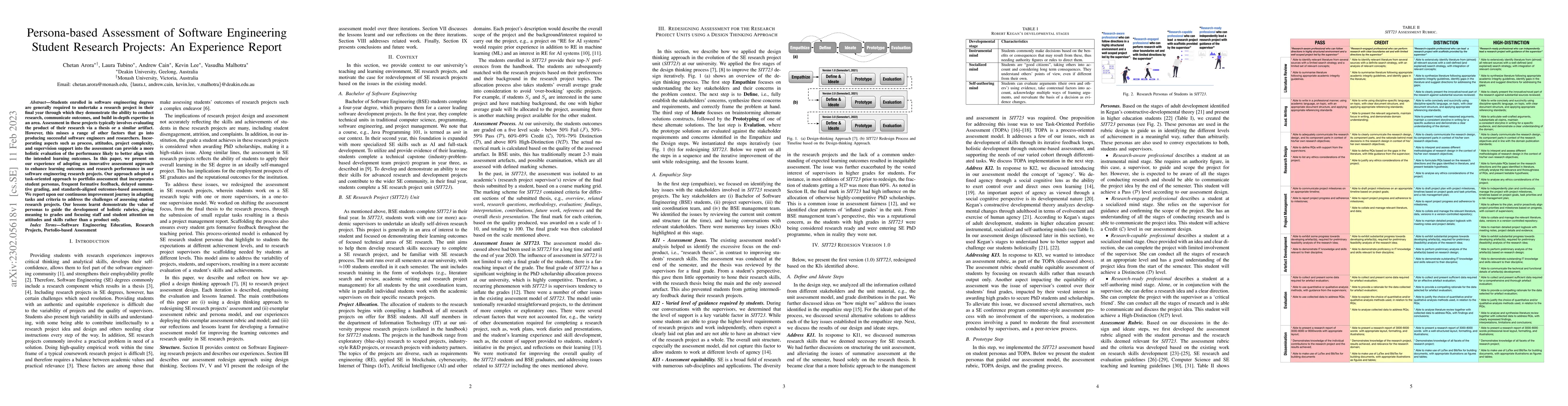 Thumbnail for Persona-based Assessment of Software Engineering Student Research
  Projects: An Experience Report