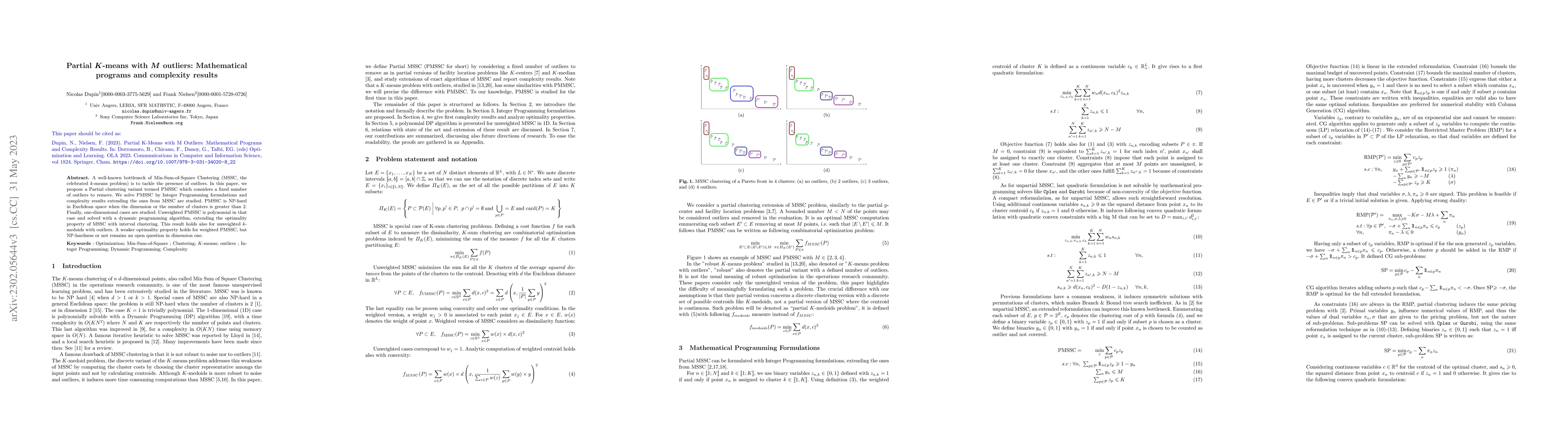 Thumbnail for Partial k-means to avoid outliers, mathematical programming
  formulations, complexity results