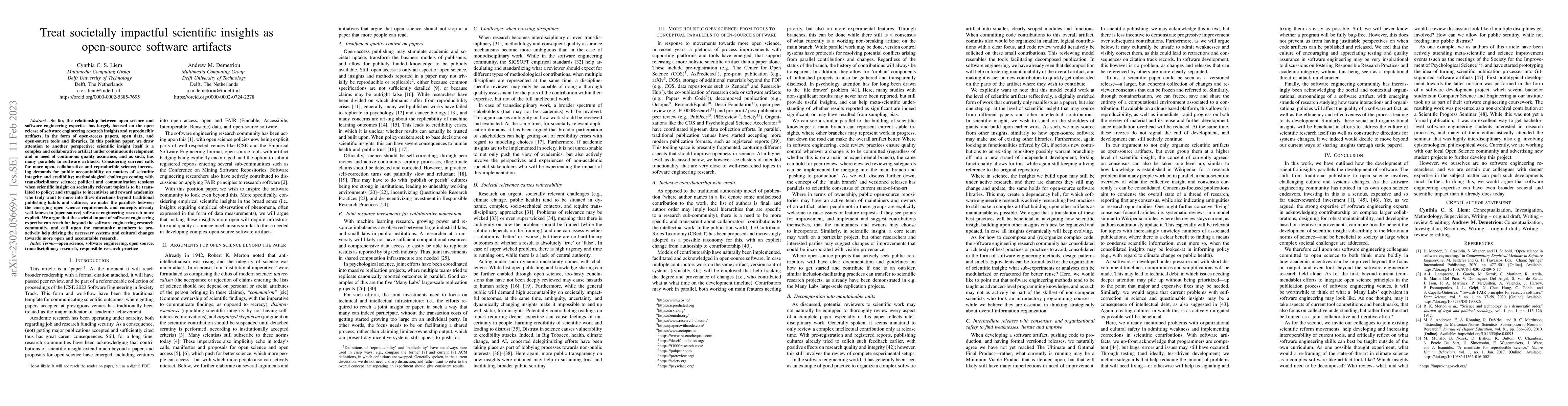 Thumbnail for Treat societally impactful scientific insights as open-source software
  artifacts