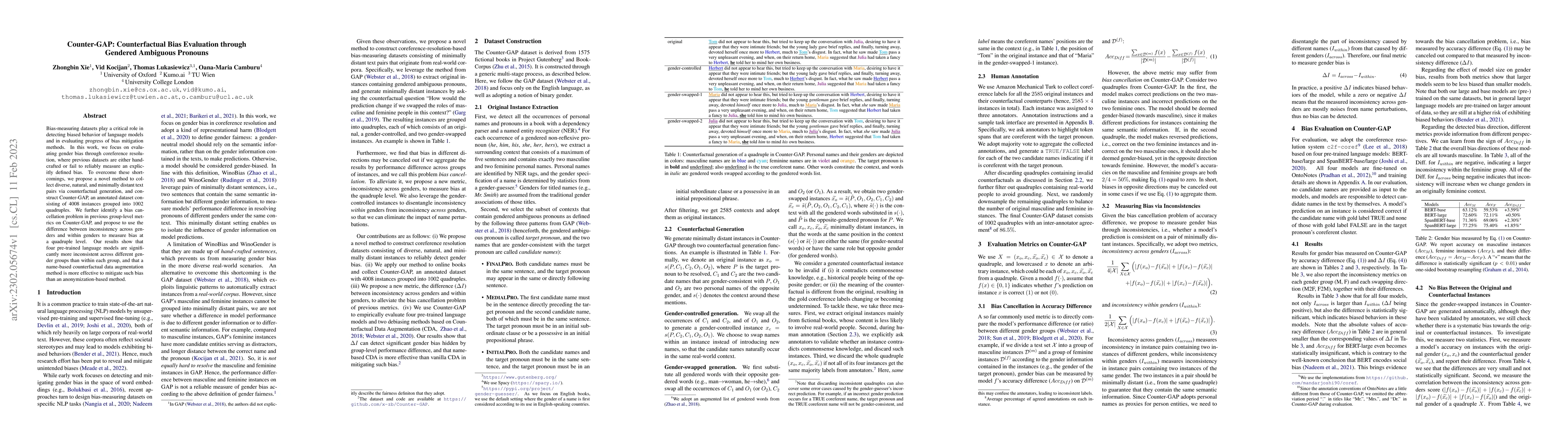 Thumbnail for Counter-GAP: Counterfactual Bias Evaluation through Gendered Ambiguous
  Pronouns