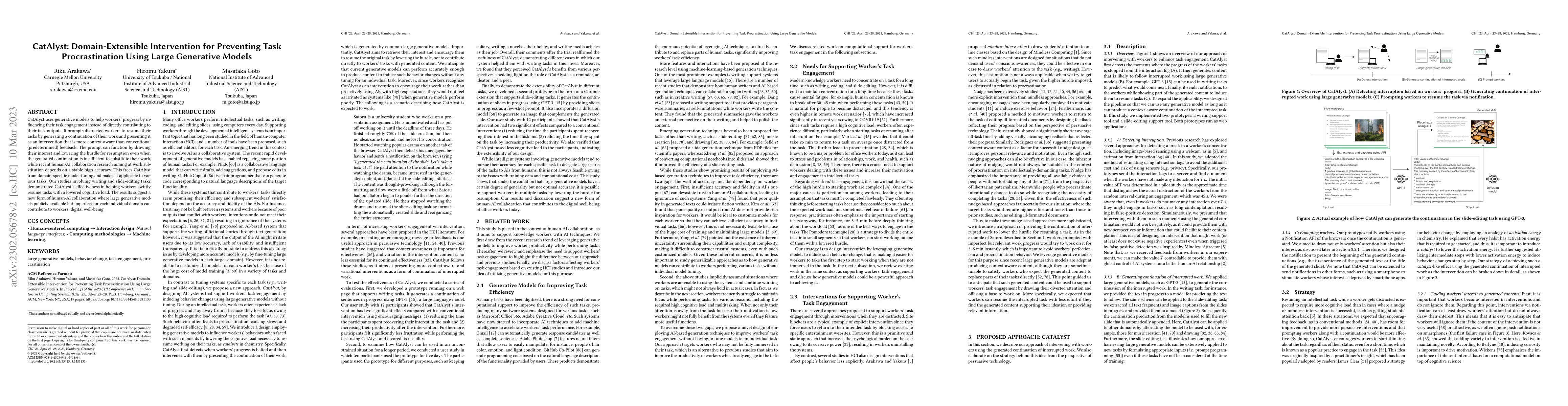 Thumbnail for CatAlyst: Domain-Extensible Intervention for Preventing Task
  Procrastination Using Large Generative Models