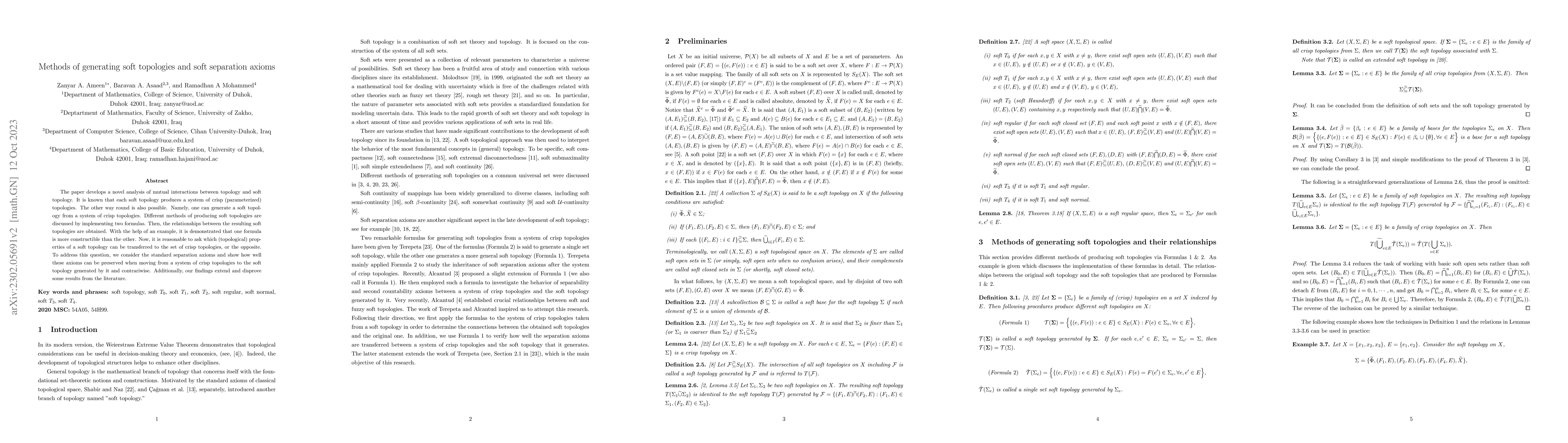 Thumbnail for Methods of generating soft topologies and soft separation axioms