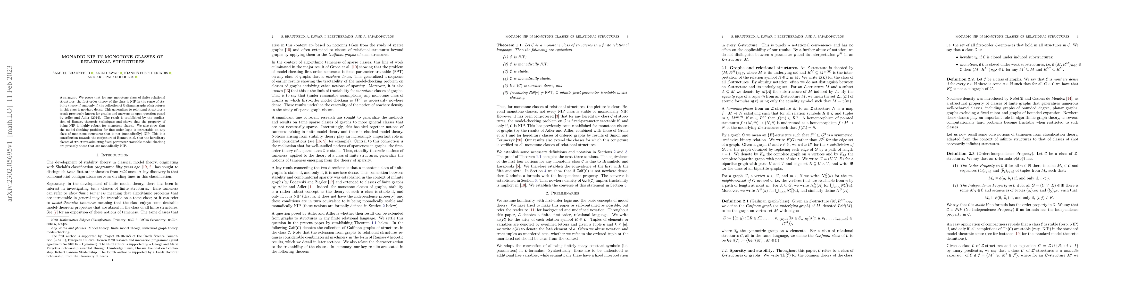 Thumbnail for Monadic NIP in monotone classes of relational structures