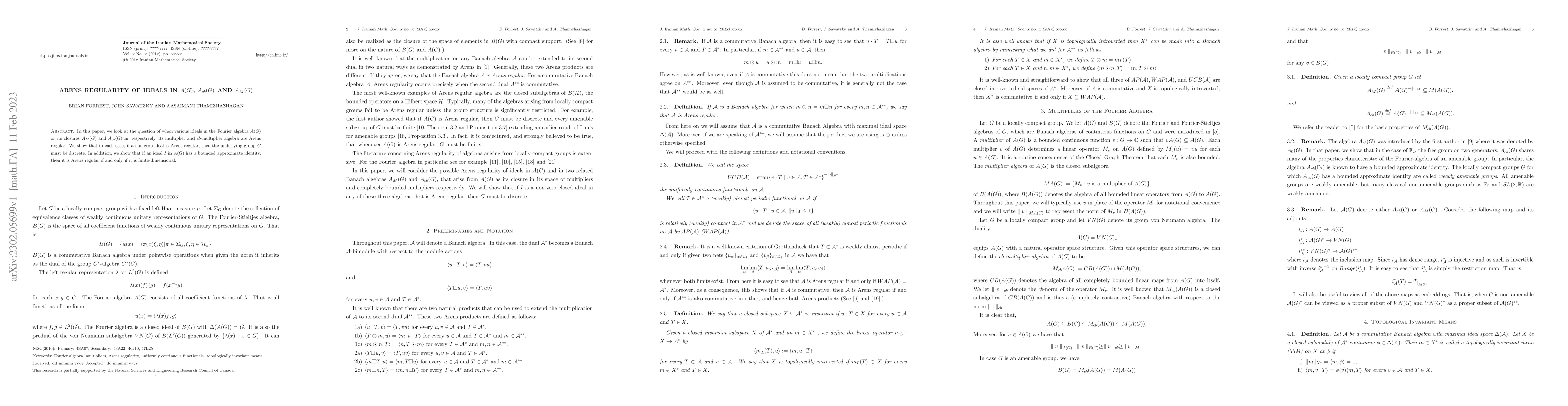 Thumbnail for Arens regularity of ideals in $A(G)$, $A_{cb}(G)$ and $A_M(G)$