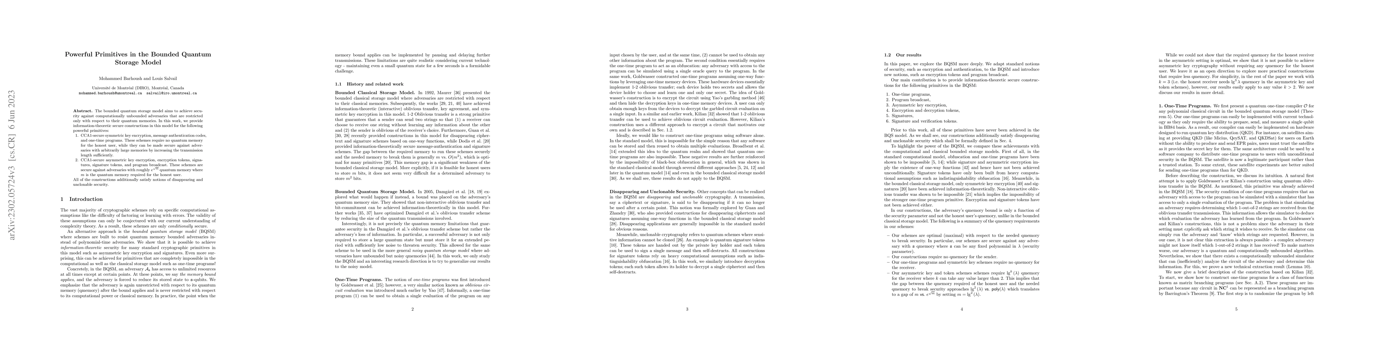 Thumbnail for Powerful Primitives in the Bounded Quantum Storage Model