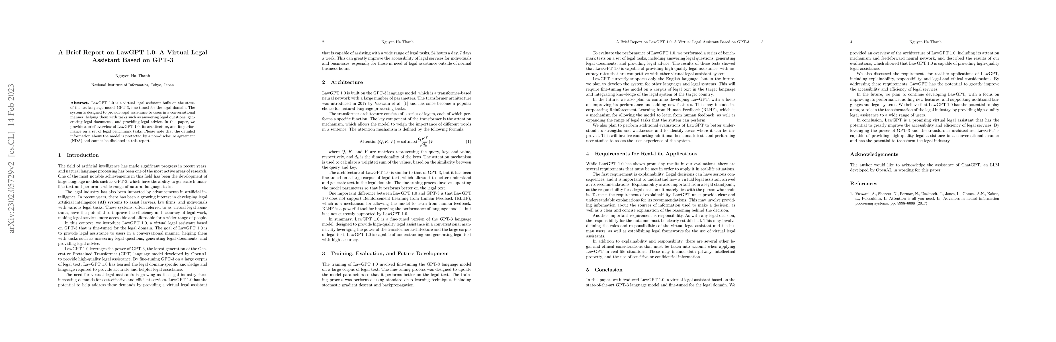 Thumbnail for A Brief Report on LawGPT 1.0: A Virtual Legal Assistant Based on GPT-3