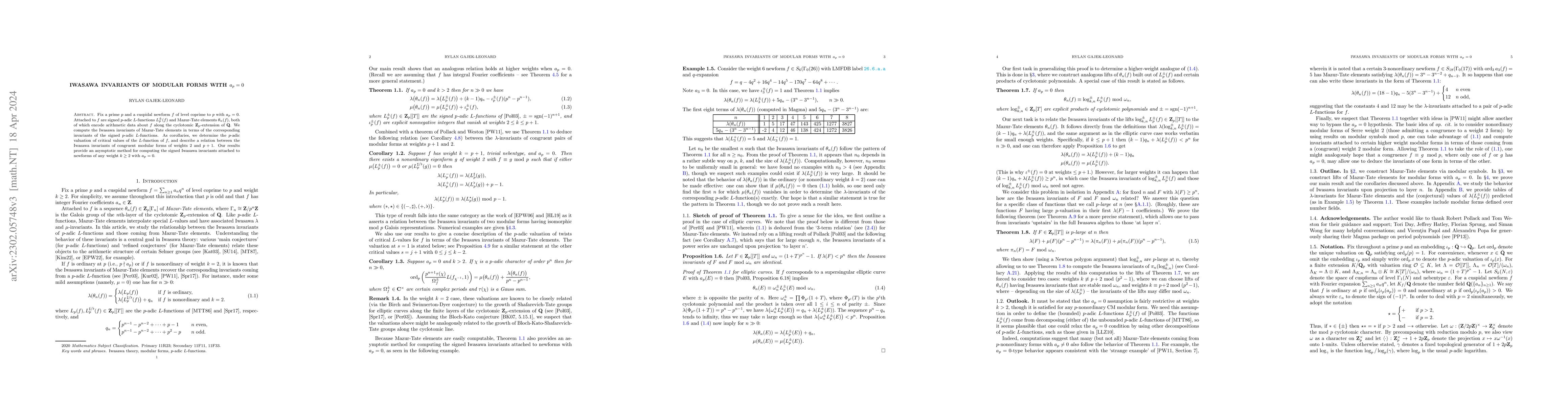 Thumbnail for Iwasawa invariants of modular forms with $a_p=0$