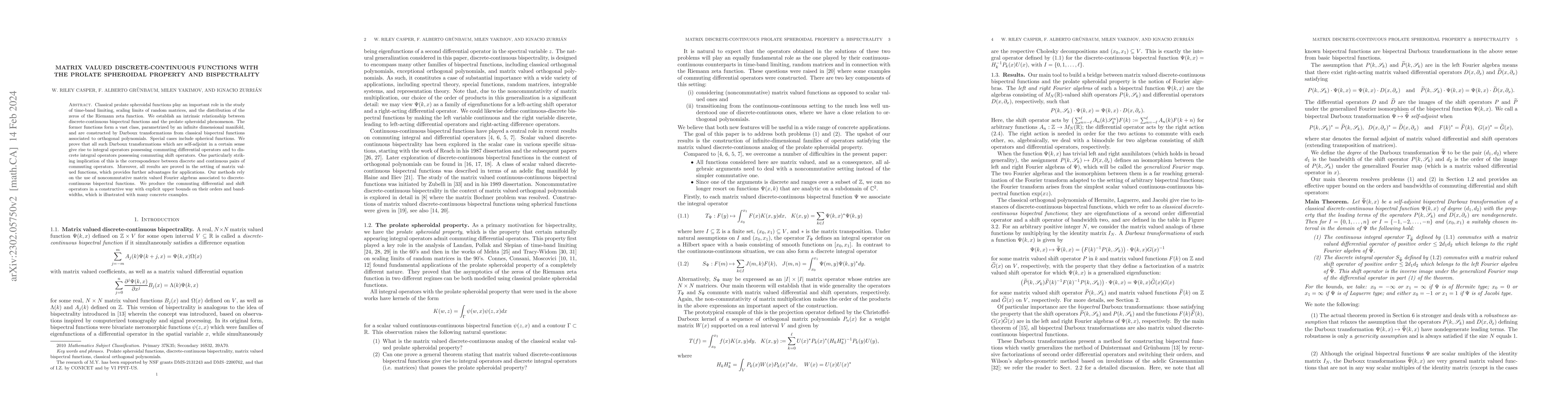 Thumbnail for Matrix valued discrete-continuous functions with the prolate spheroidal
  property and bispectrality