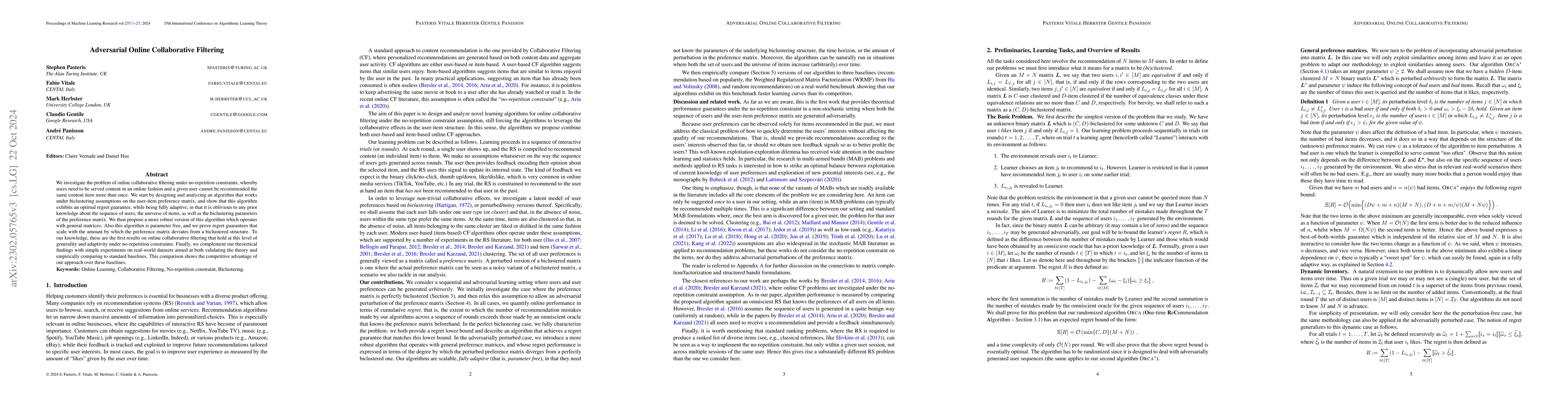 Thumbnail for Adversarial Online Collaborative Filtering